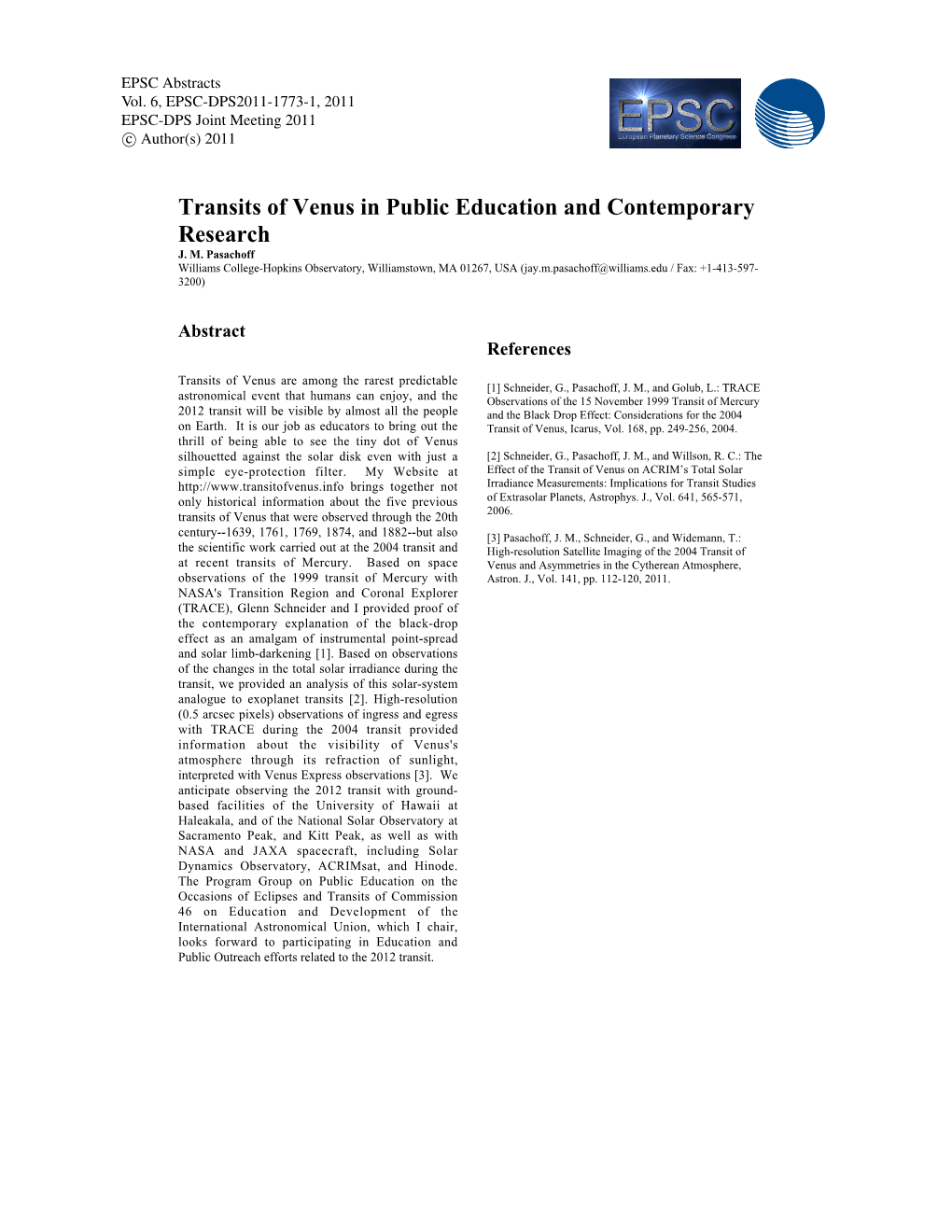 Transits of Venus in Public Education and Contemporary Research J