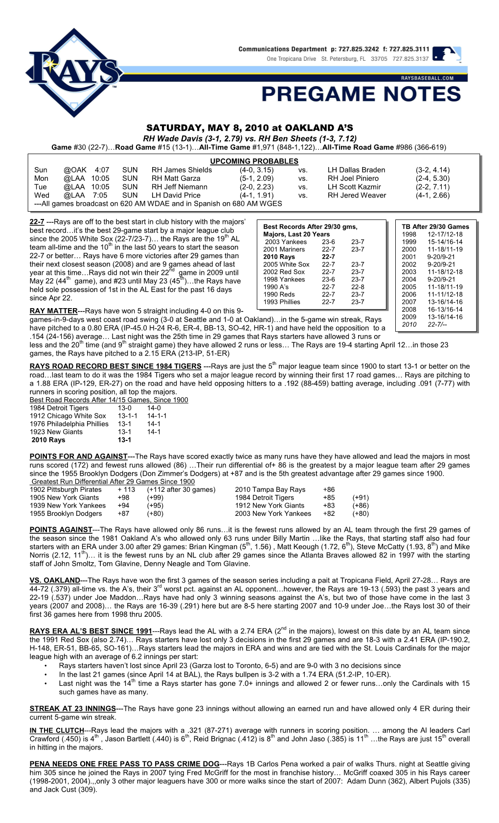 SATURDAY, MAY 8, 2010 at OAKLAND A’S RH Wade Davis (3-1, 2.79) Vs