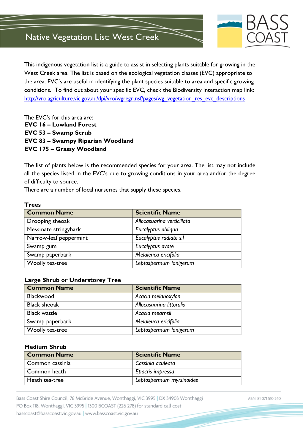 Native Vegetation List: West Creek