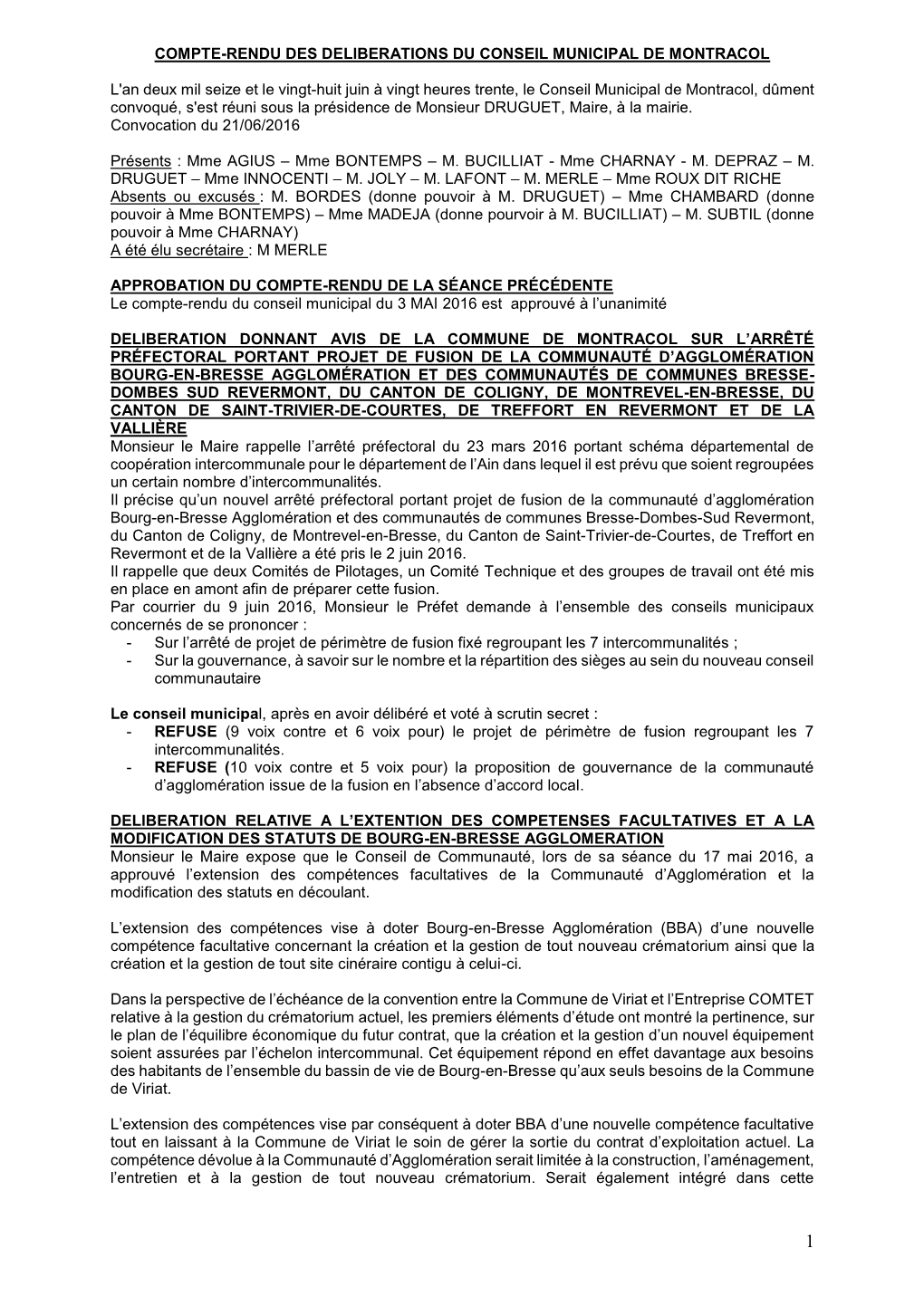 Compte-Rendu Des Deliberations Du Conseil Municipal De Montracol