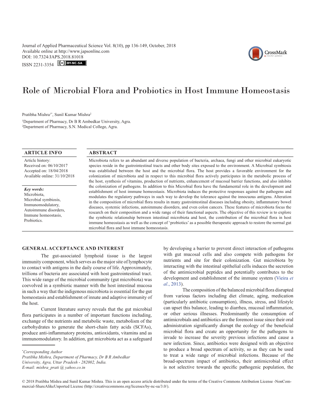 Role of Microbial Flora and Probiotics in Host Immune Homeostasis