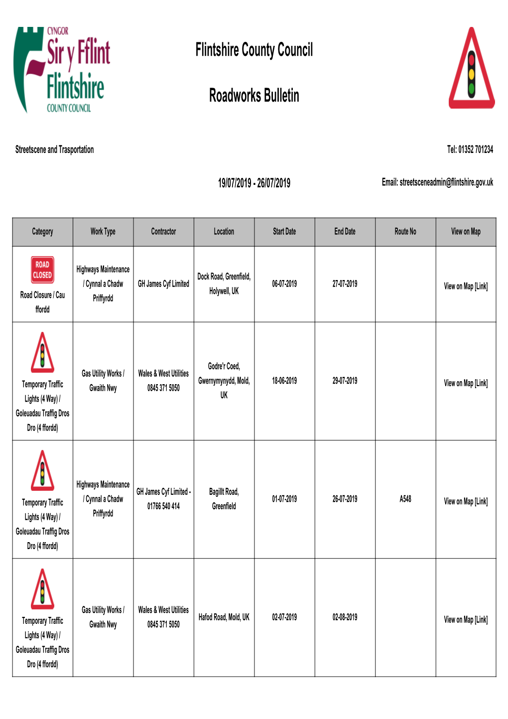 Flintshire County Council Roadworks Bulletin