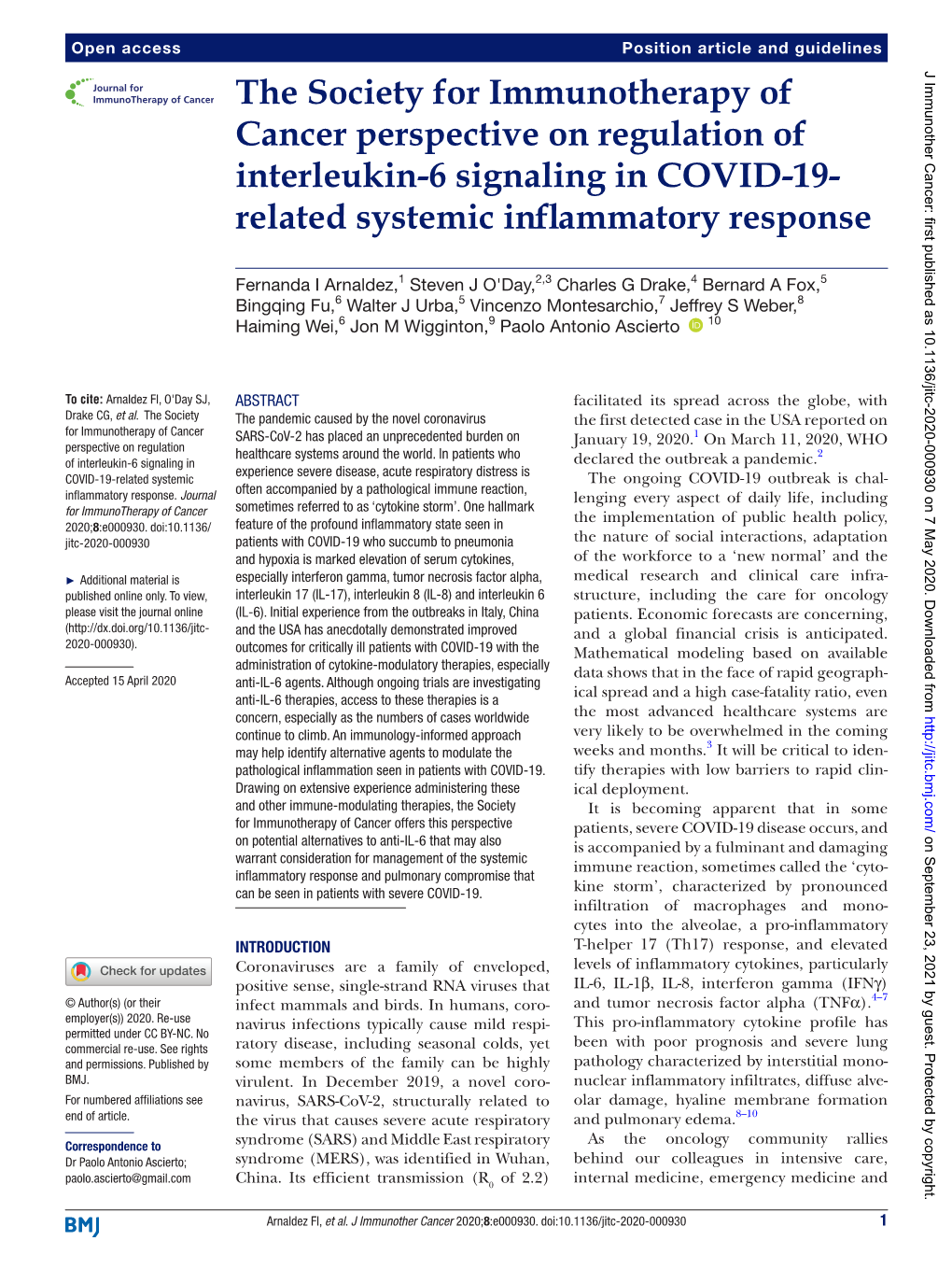 The Society for Immunotherapy of Cancer Perspective on Regulation of Interleukin-6 Signaling in COVID-19-­ Related Systemic Inflammatory Response