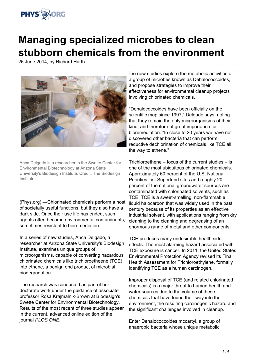 Managing Specialized Microbes to Clean Stubborn Chemicals from the Environment 26 June 2014, by Richard Harth