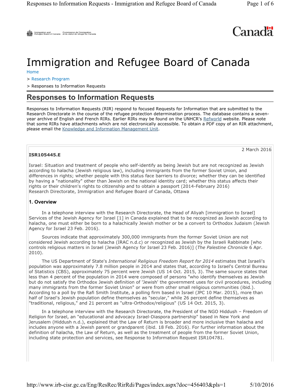 Immigration and Refugee Board of Canada Page 1 of 6