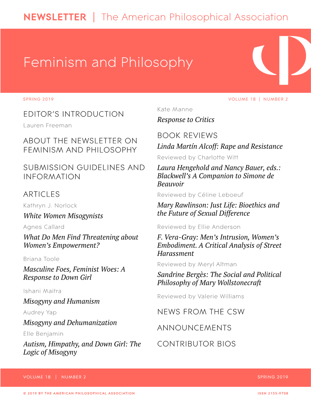 APA Newsletter on Feminism and Philosophy, Vol. 18, No. 2 (Spring