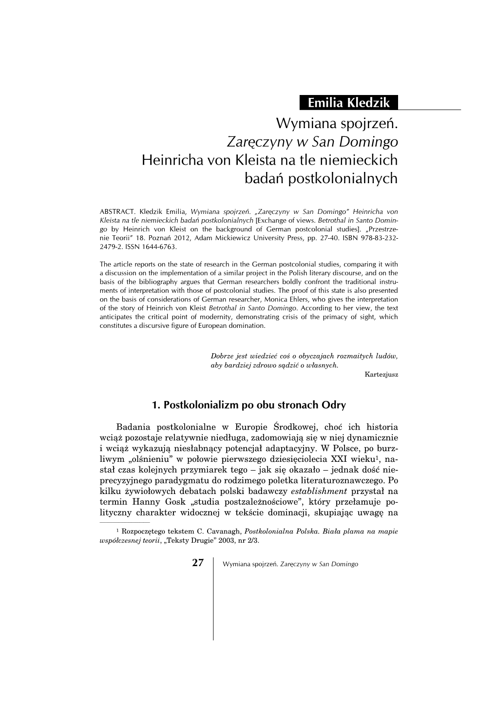 Wymiana Spojrzeń. Zaręczyny W San Domingo Heinricha Von Kleista Na Tle Niemieckich Badań Postkolonialnych