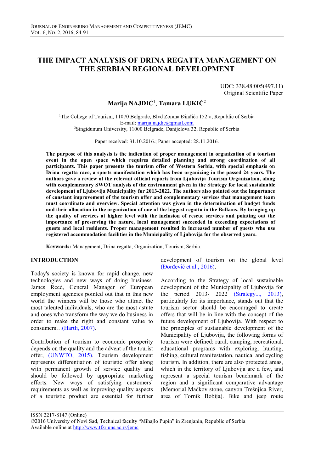 The Impact Analysis of Drina Regatta Management on the Serbian Regional Development