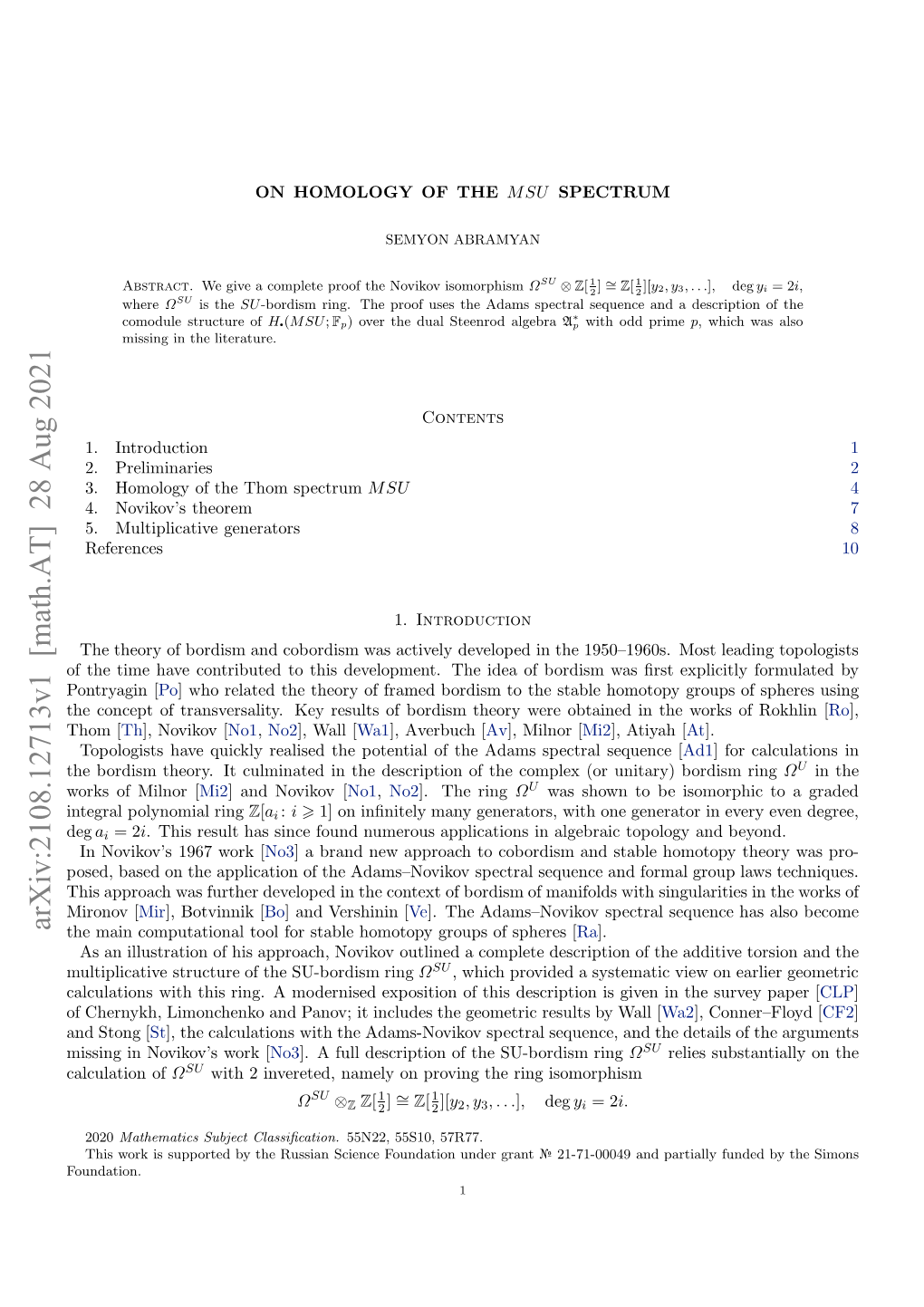 Arxiv:2108.12713V1 [Math.AT] 28 Aug 2021 Nerlplnma Ring Polynomial Integral Ftetm Aecnrbtdt Hsdvlpet H Daof Idea the Development