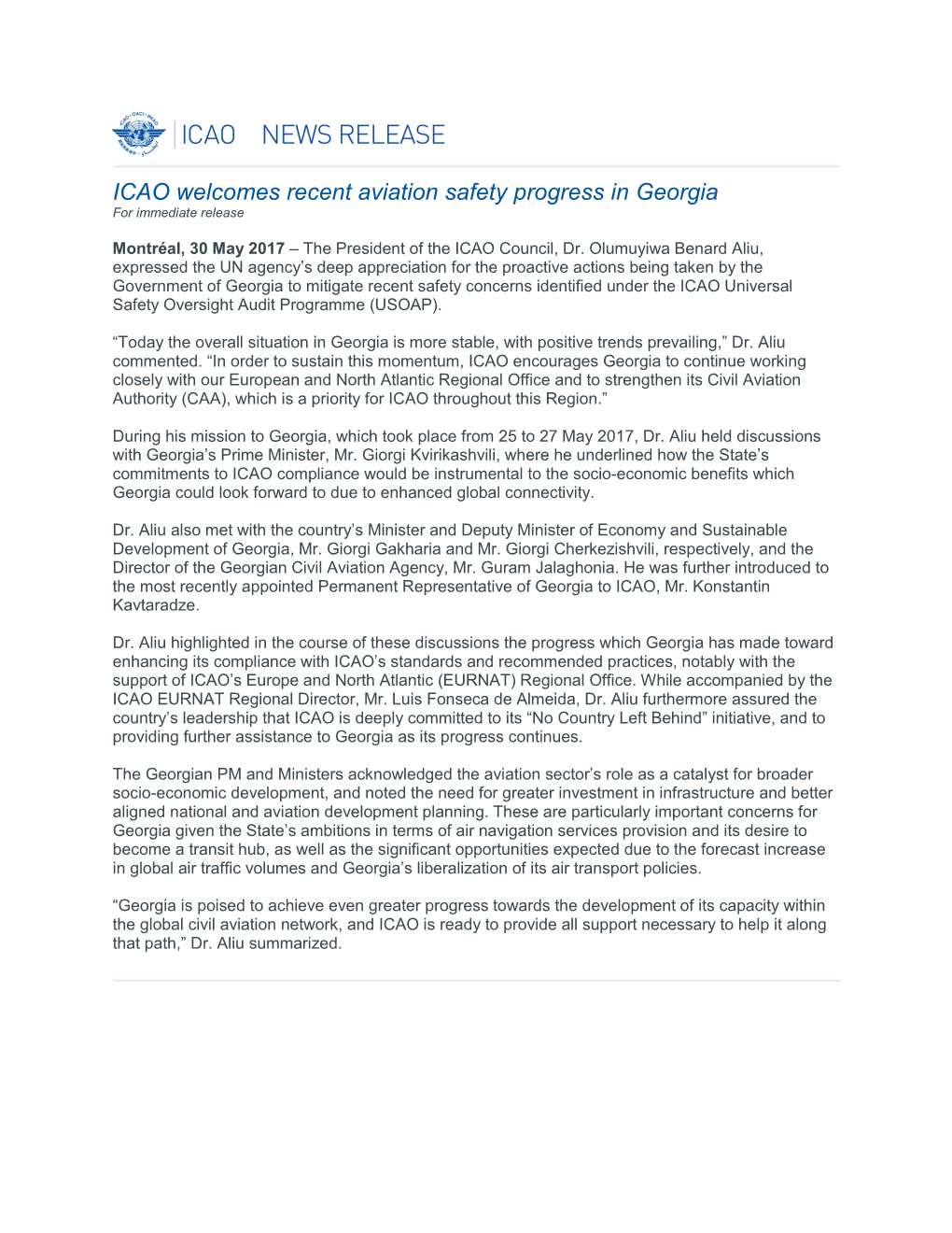 ICAO Welcomes Recent Aviation Safety Progress in Georgia for Immediate Release