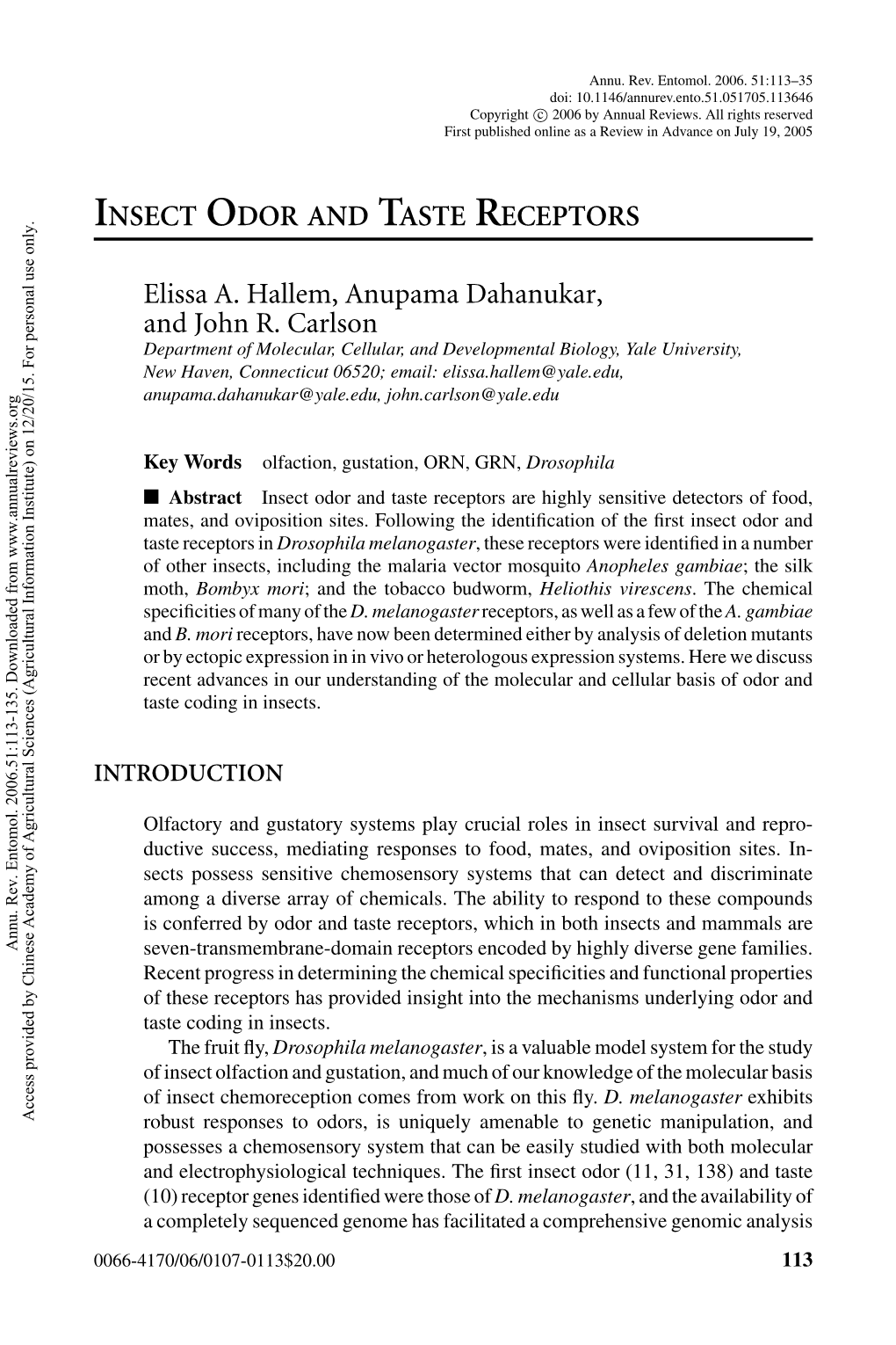 Insect Odor and Taste Receptors