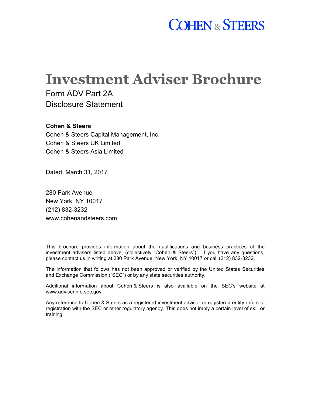 Investment Adviser Brochure Form ADV Part 2A Disclosure Statement