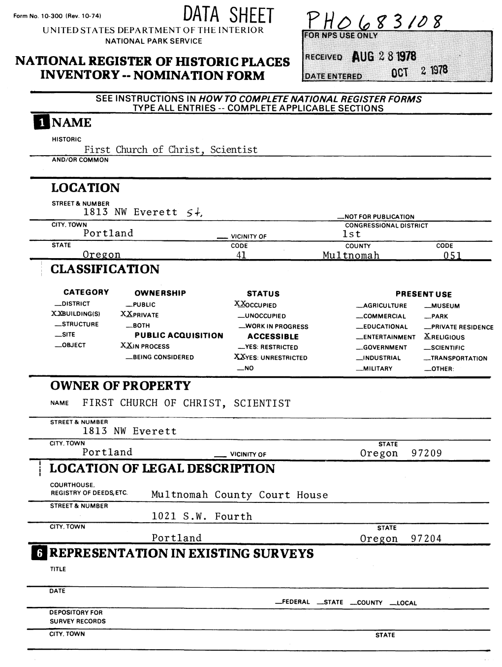 Data Sheet United States Department of the Interior National Park Service National Register of Historic Places Inventory - Nomination Form