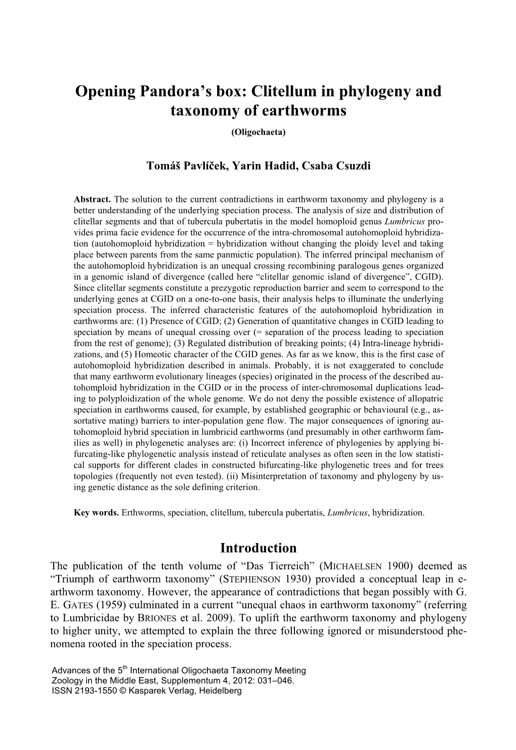 Clitellum in Phylogeny and Taxonomy of Earthworms