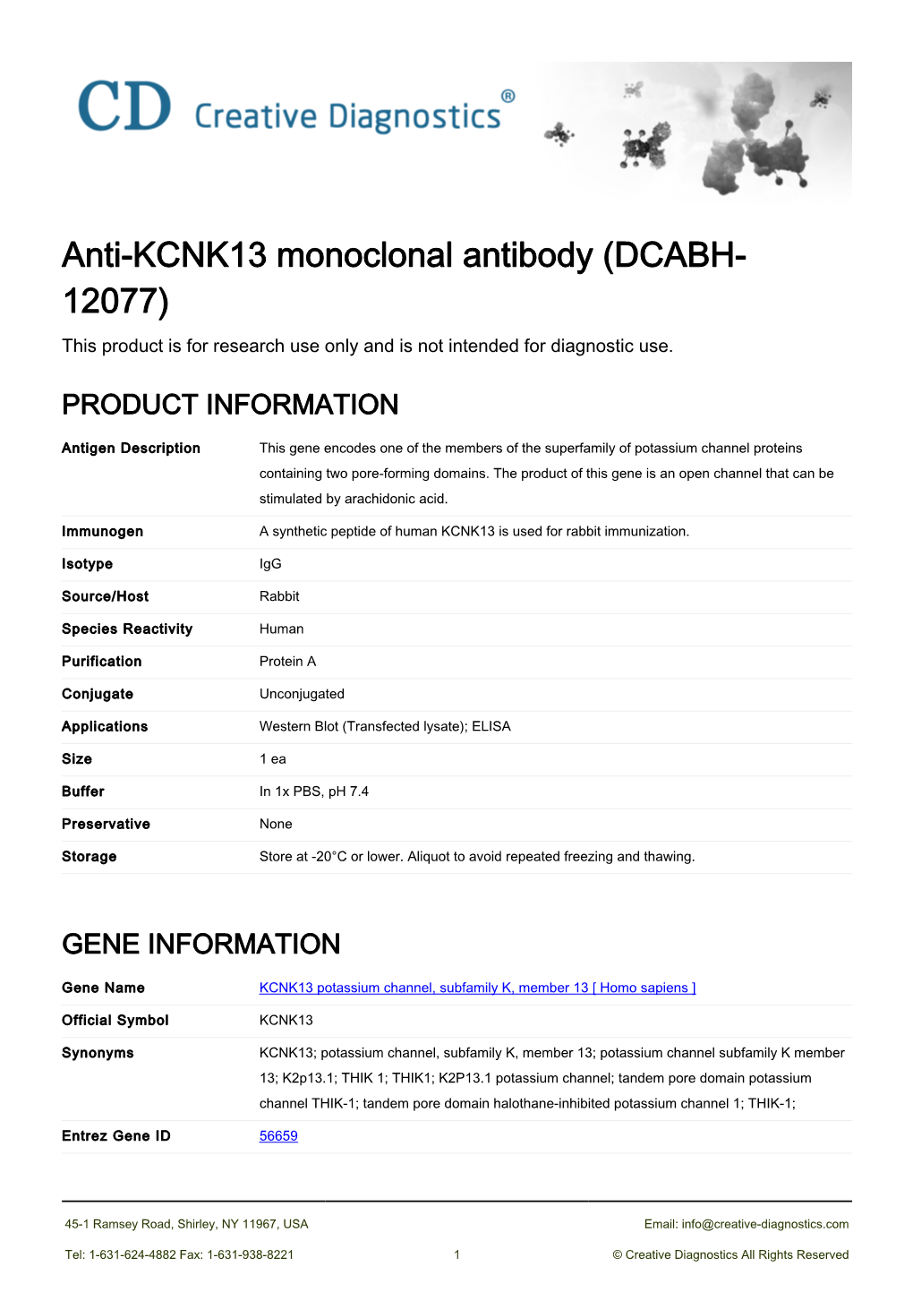 Anti-KCNK13 Monoclonal Antibody (DCABH- 12077) This Product Is for Research Use Only and Is Not Intended for Diagnostic Use