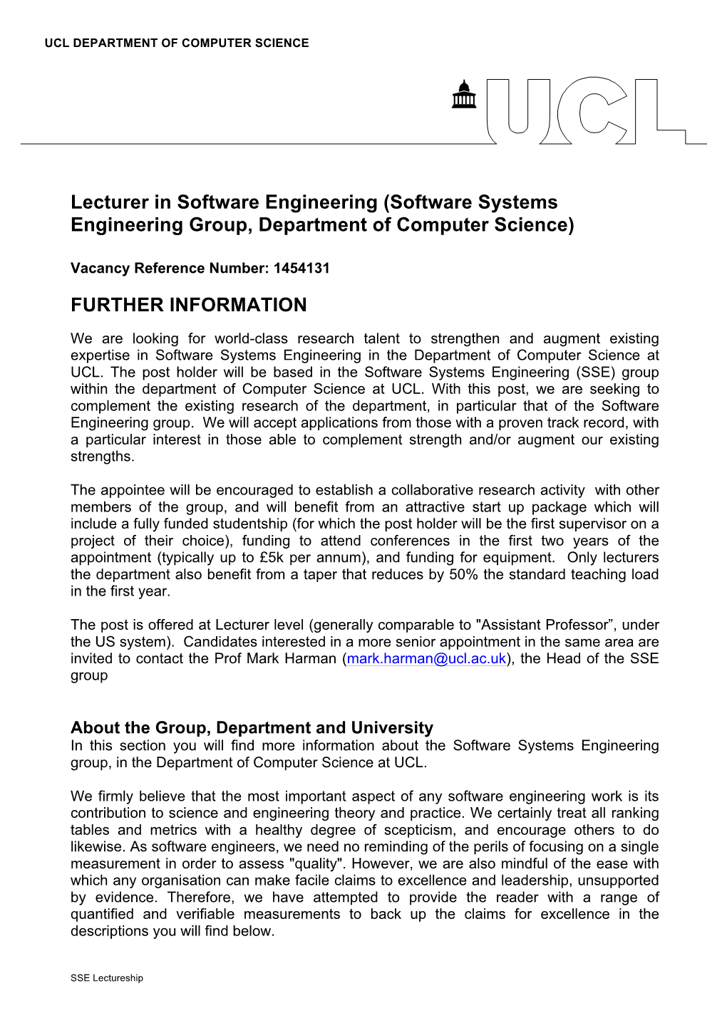 Lecturer in Software Engineering (Software Systems Engineering Group, Department of Computer Science)
