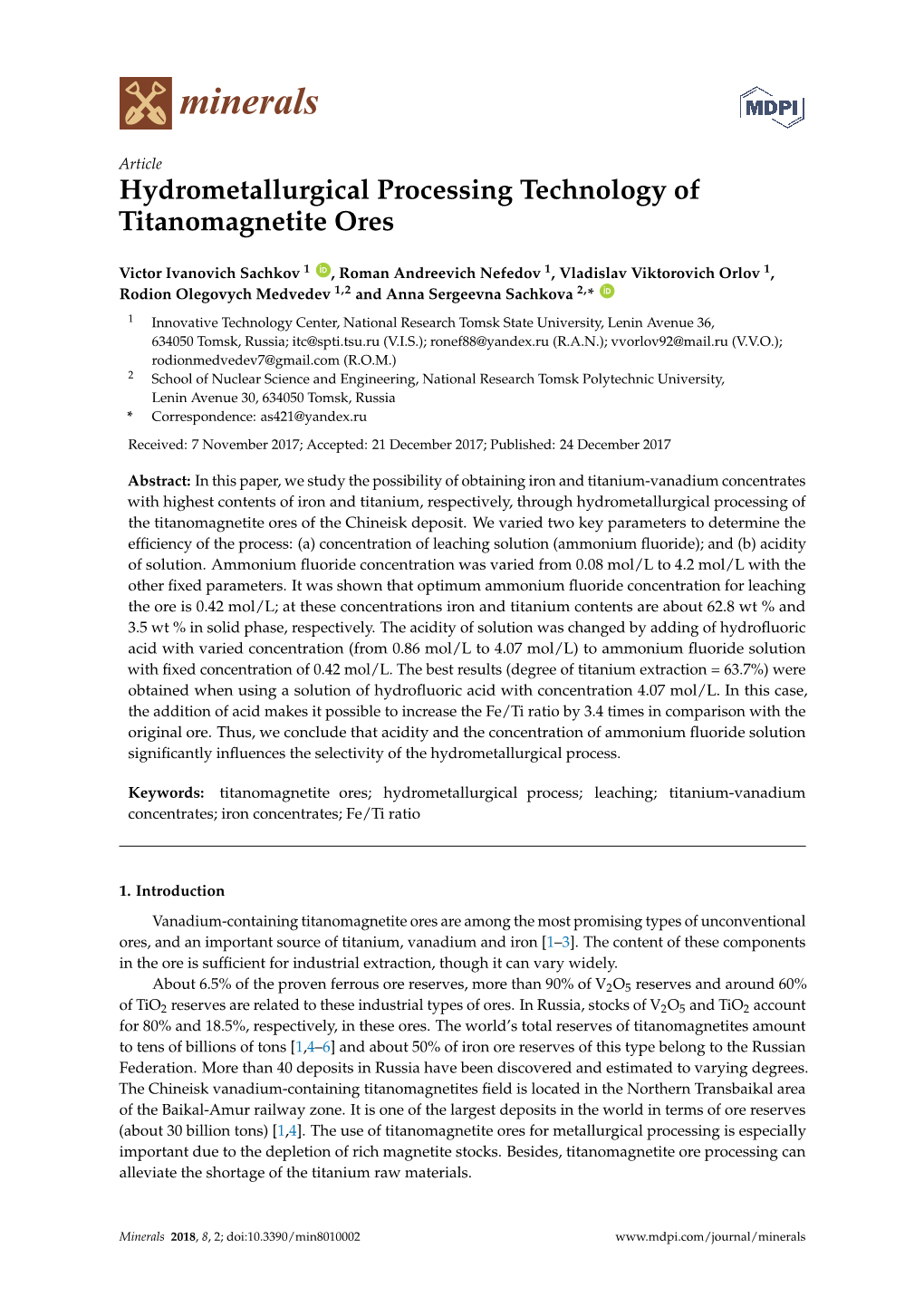 Hydrometallurgical Processing Technology of Titanomagnetite Ores