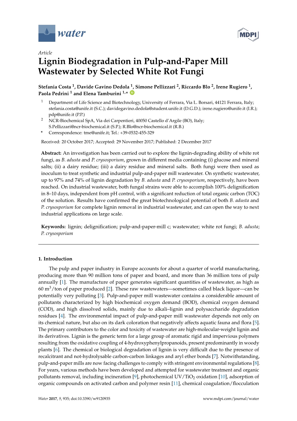 Lignin Biodegradation in Pulp-And-Paper Mill Wastewater by Selected White Rot Fungi