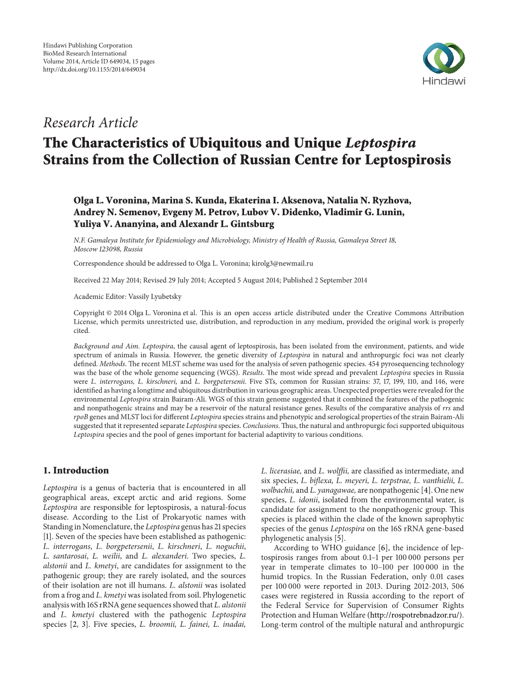 The Characteristics of Ubiquitous and Unique Leptospira Strains from the Collection of Russian Centre for Leptospirosis