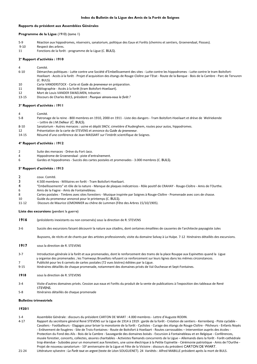 Index Du Bulletin De La Ligue Des Amis De La Forêt De Soignes Rapports