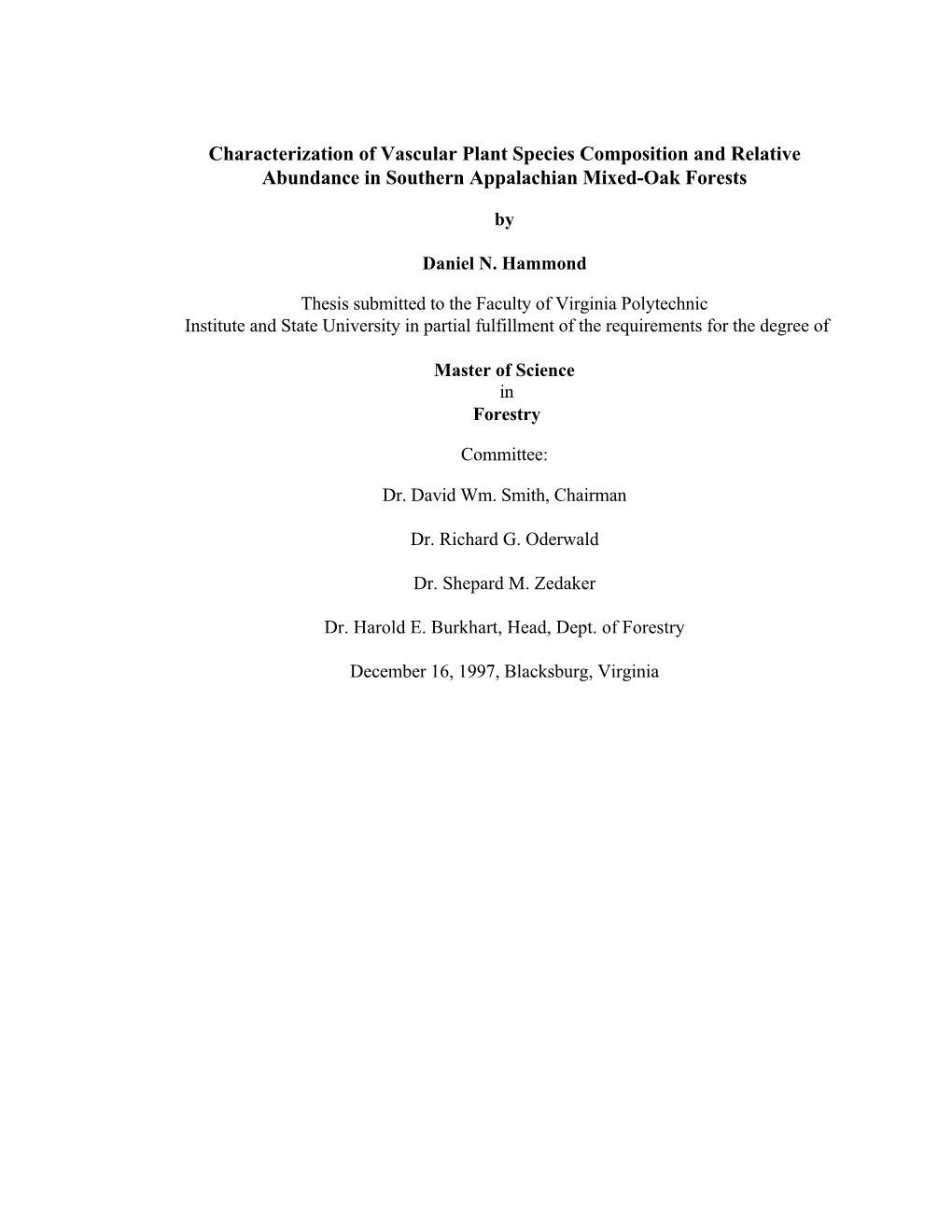 Characterization of Vascular Plant Species Composition and Relative Abundance in Southern Appalachian Mixed-Oak Forests