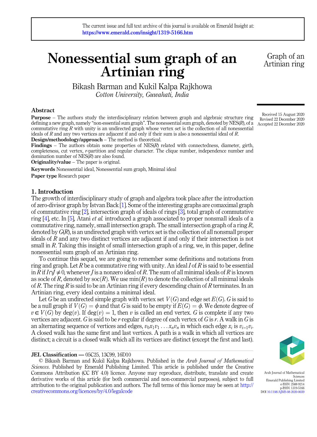 Nonessential Sum Graph of an Artinian Ring Artinian Ring Bikash Barman and Kukil Kalpa Rajkhowa Cotton University, Guwahati, India