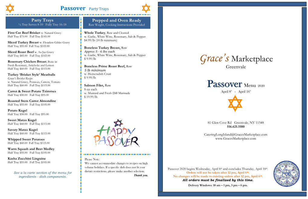 Passover Menu 2020 8 Oz Each Carrot & Sweet Potato Tzimmes April 8Th - April 16Th W