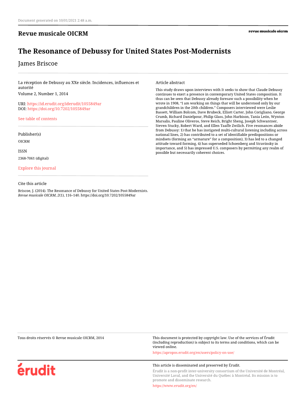 The Resonance of Debussy for United States Post-Modernists James Briscoe