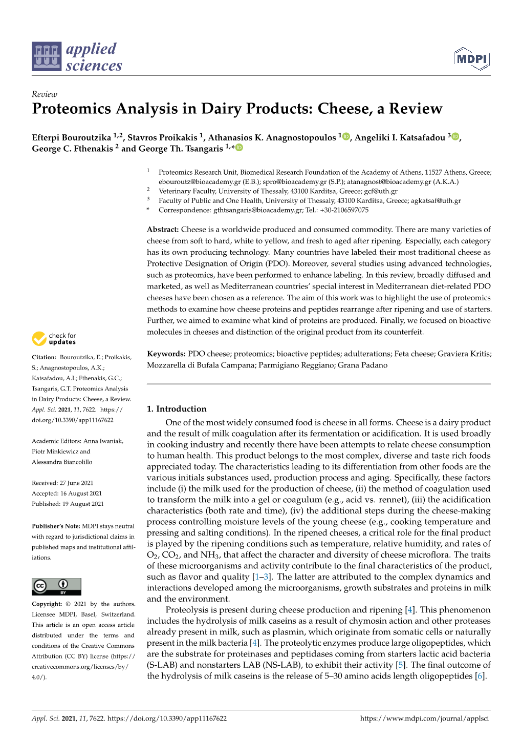 Proteomics Analysis in Dairy Products: Cheese, a Review