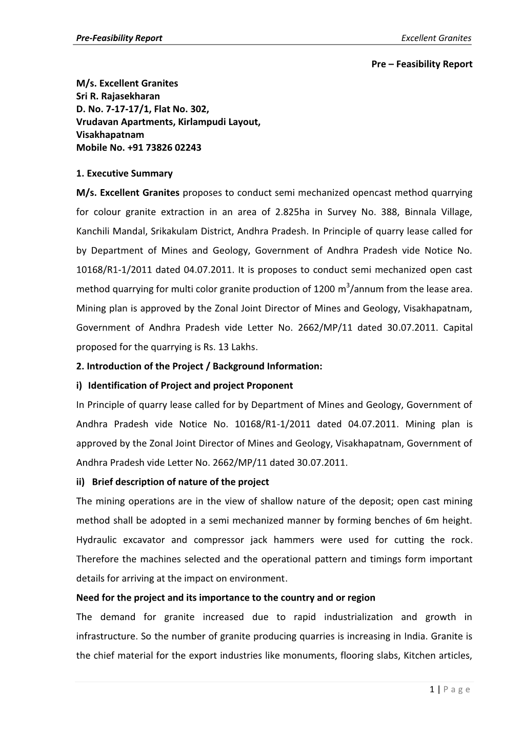 Pre – Feasibility Report M/S. Excellent Granites Sri R. Rajasekharan D. No