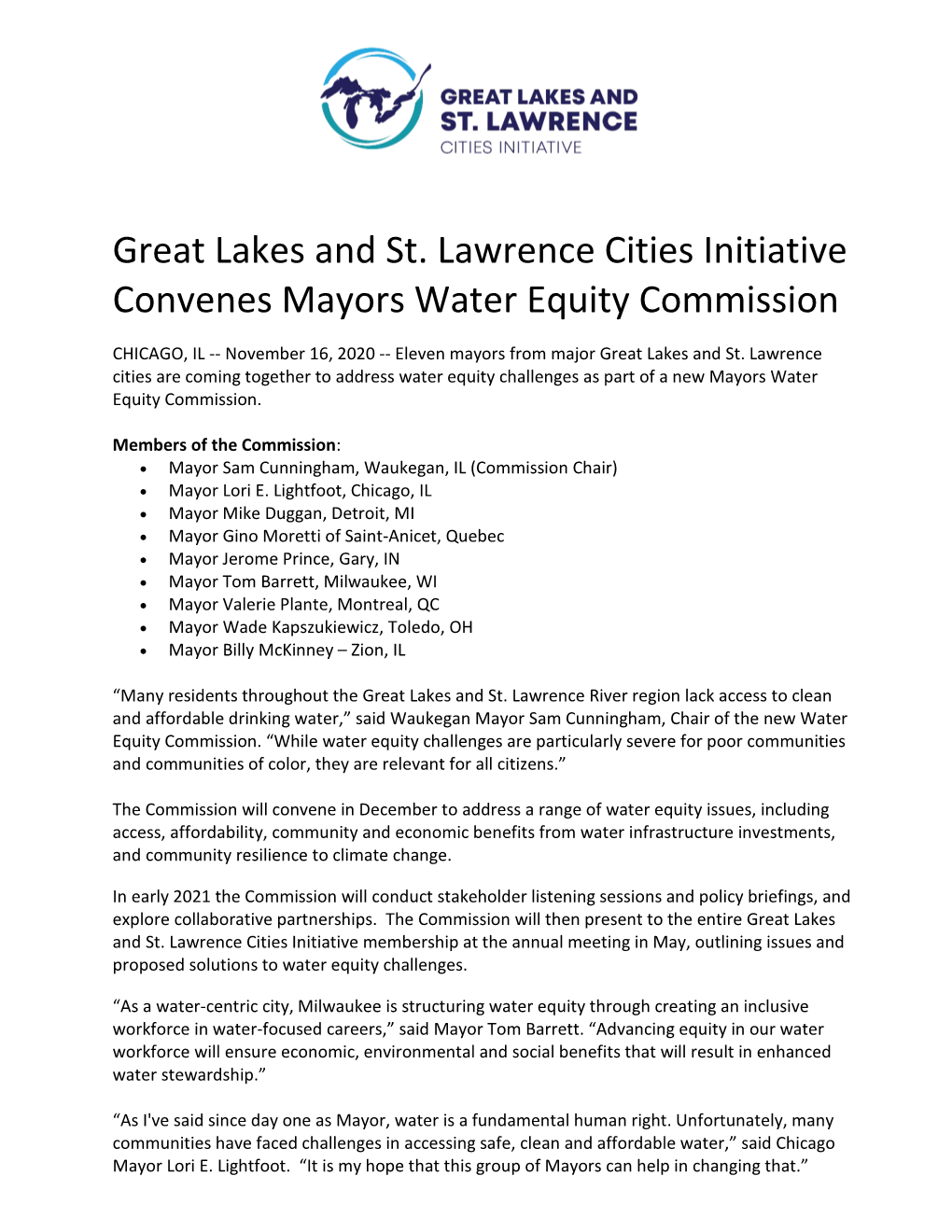 Great Lakes and St. Lawrence Cities Initiative Convenes Mayors Water Equity Commission