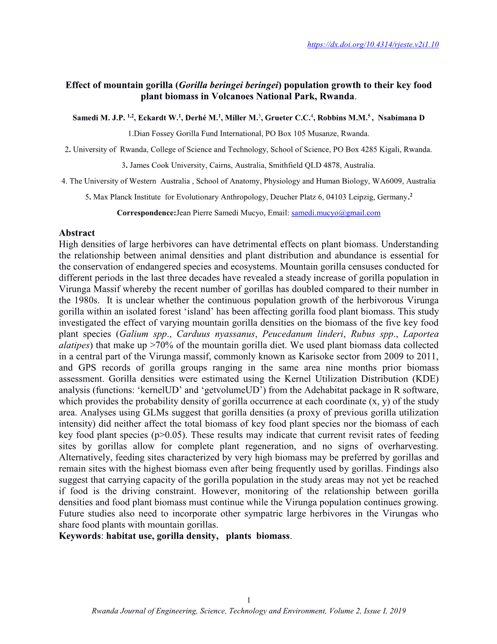 Effect of Mountain Gorilla (Gorilla Beringei Beringei) Population Growth to Their Key Food Plant Biomass in Volcanoes National Park, Rwanda