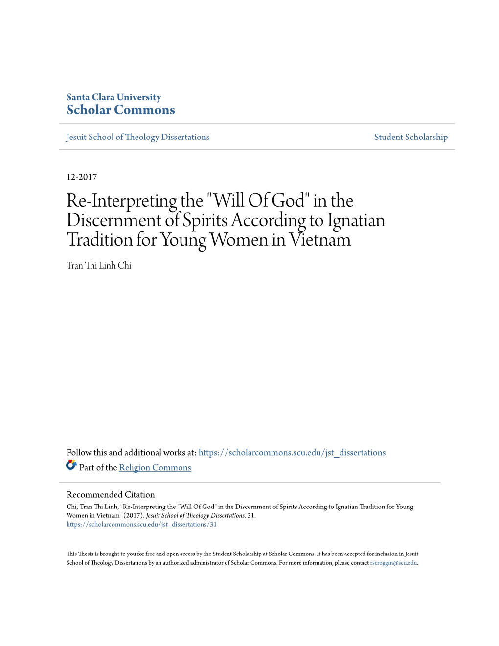 In the Discernment of Spirits According to Ignatian Tradition for Young Women in Vietnam Tran Thi Linh Hic