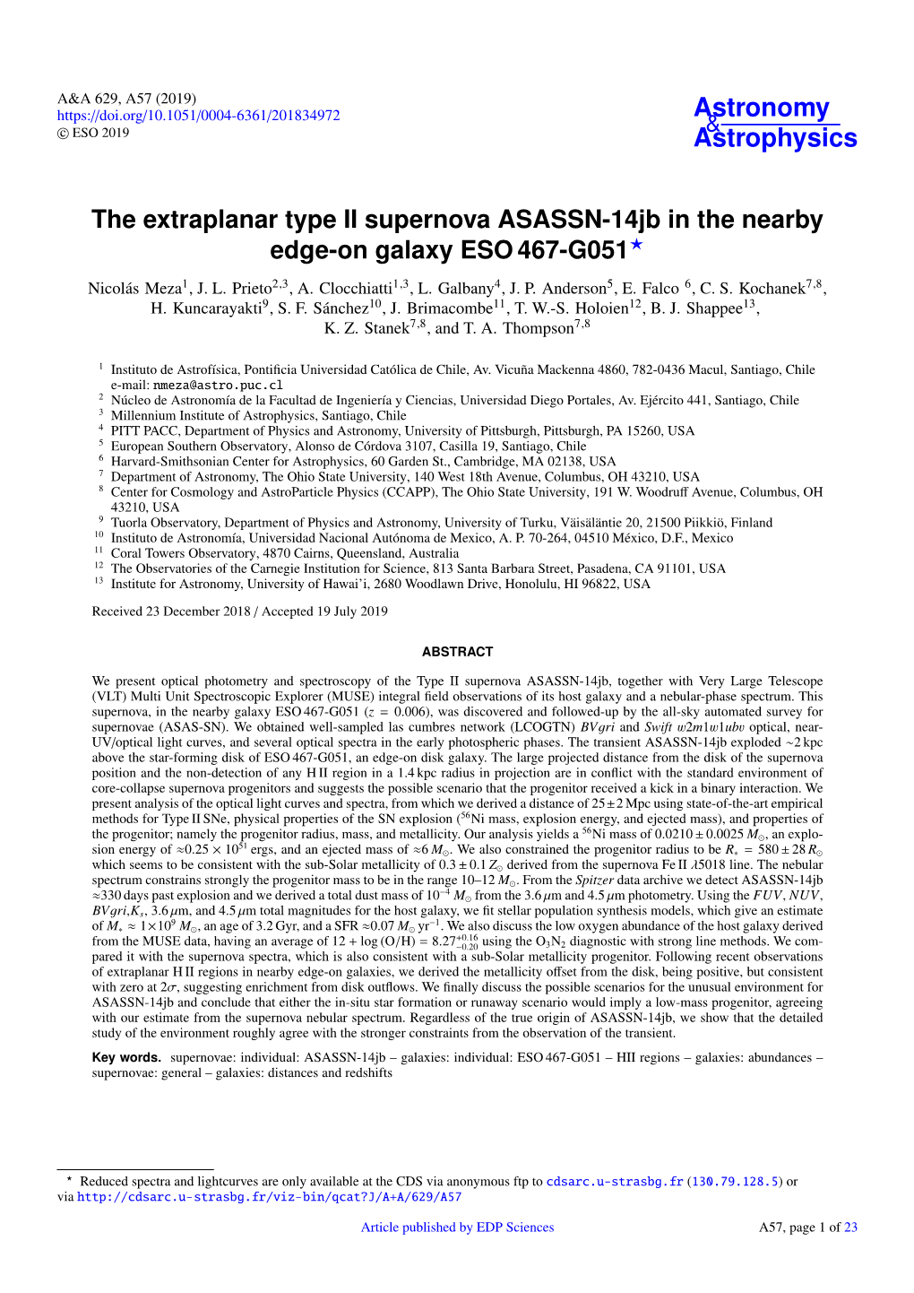 The Extraplanar Type II Supernova ASASSN-14Jb in the Nearby Edge-On Galaxy ESO 467-G051? Nicolás Meza1, J