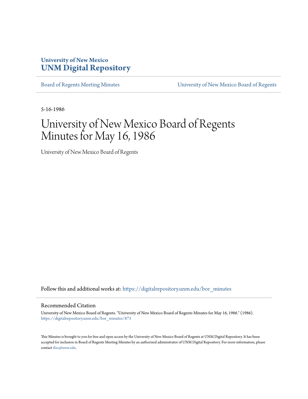 University of New Mexico Board of Regents Minutes for May 16, 1986 University of New Mexico Board of Regents