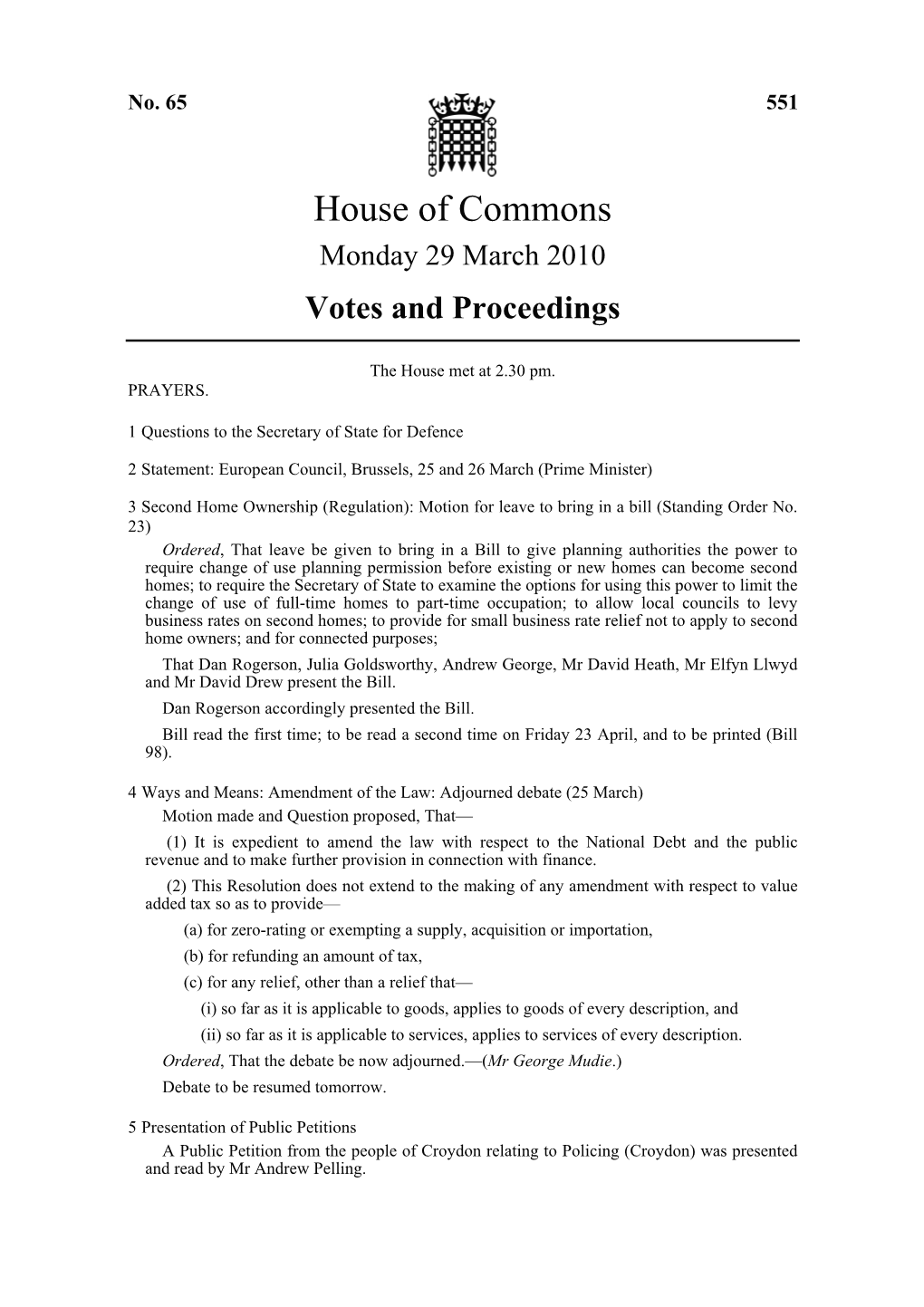 House of Commons Monday 29 March 2010 Votes and Proceedings