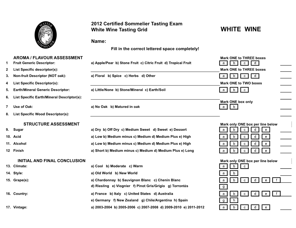 White Wine Tasting Grid WHITE WINE