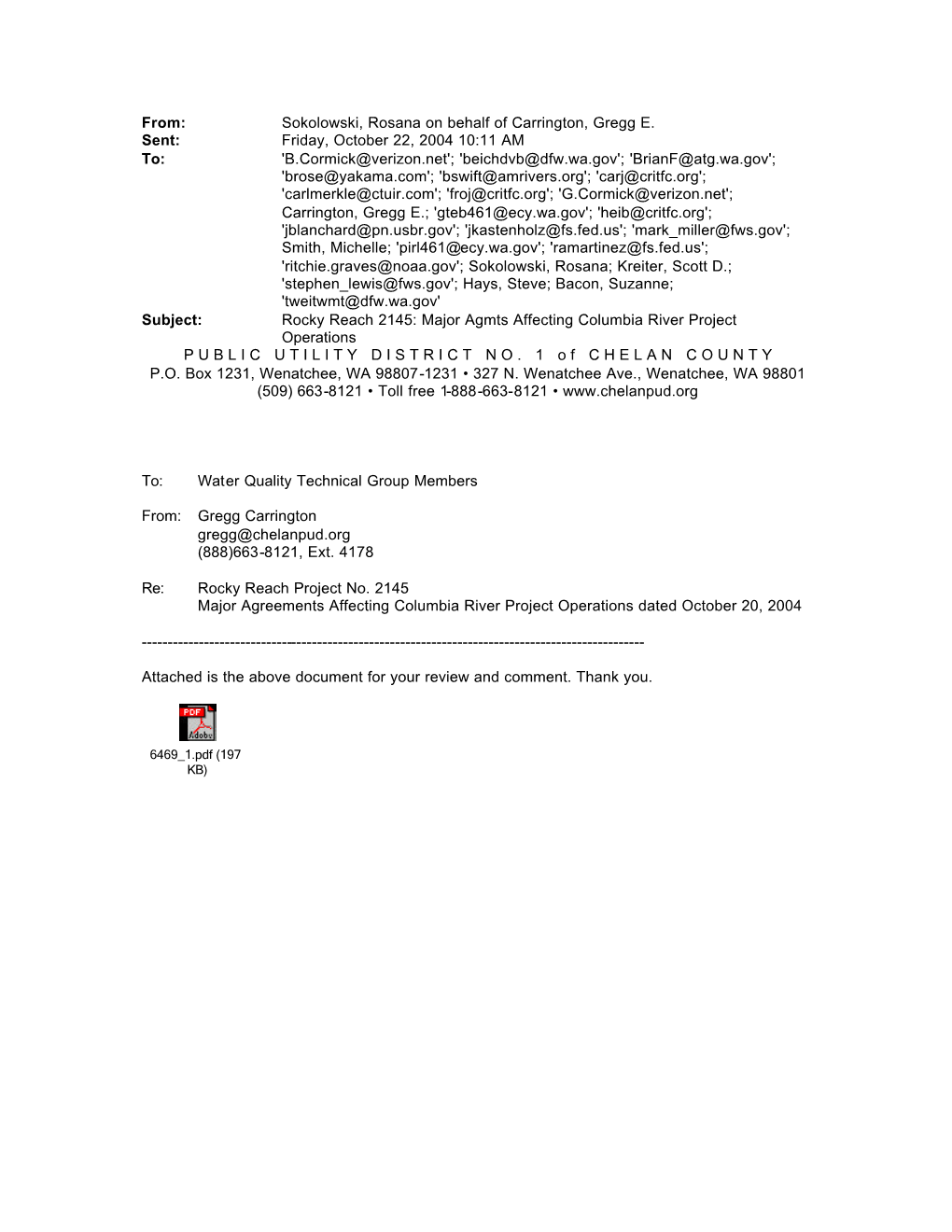 Major Agreements Affecting Columbia River Project Operations Dated October 20, 2004