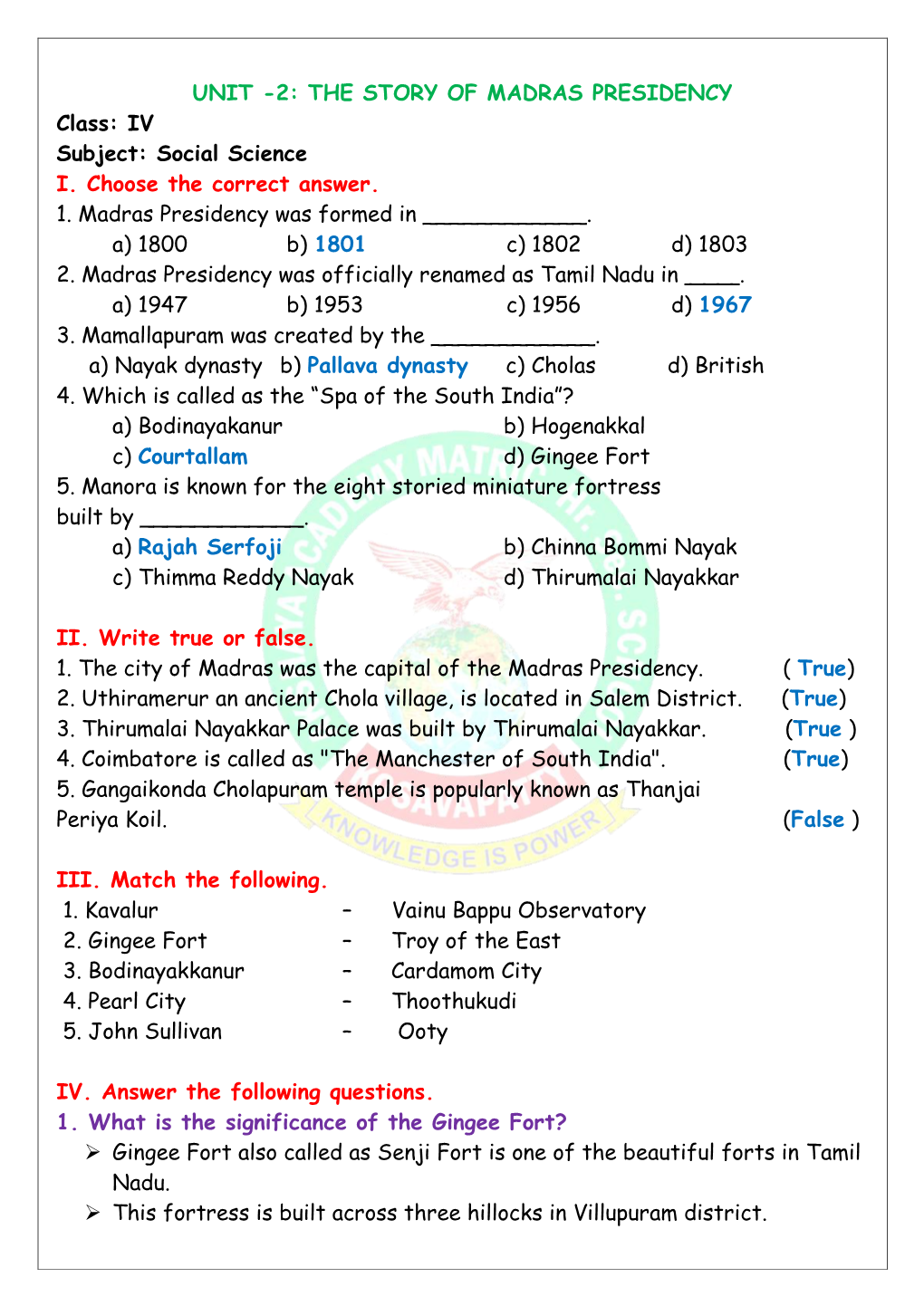 UNIT -2: the STORY of MADRAS PRESIDENCY Class: IV Subject: Social Science I