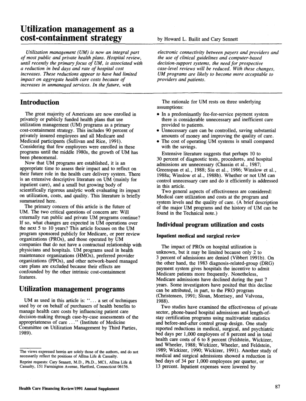 Utilization Management As a Cost-Containment Strategy by Howard L