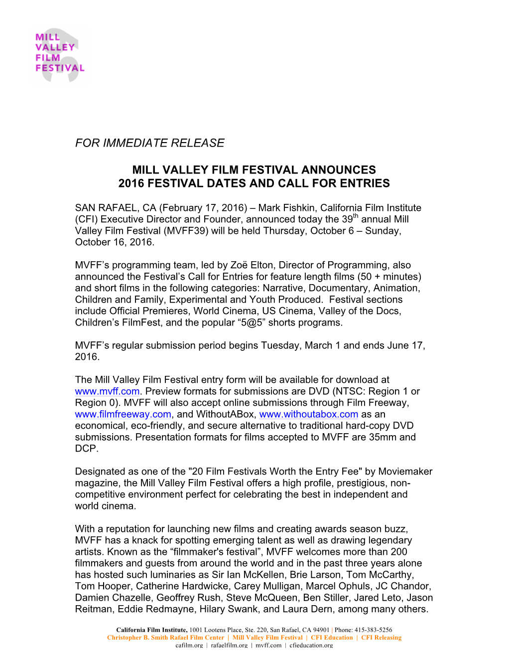 MVFF39 Call for Entries