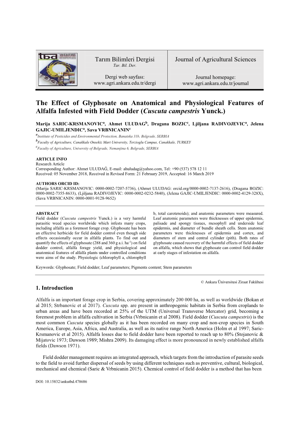 The Effect of Glyphosate on Anatomical and Physiological Features of Alfalfa Infested with Field Dodder (Cuscuta Campestris Yunck.)