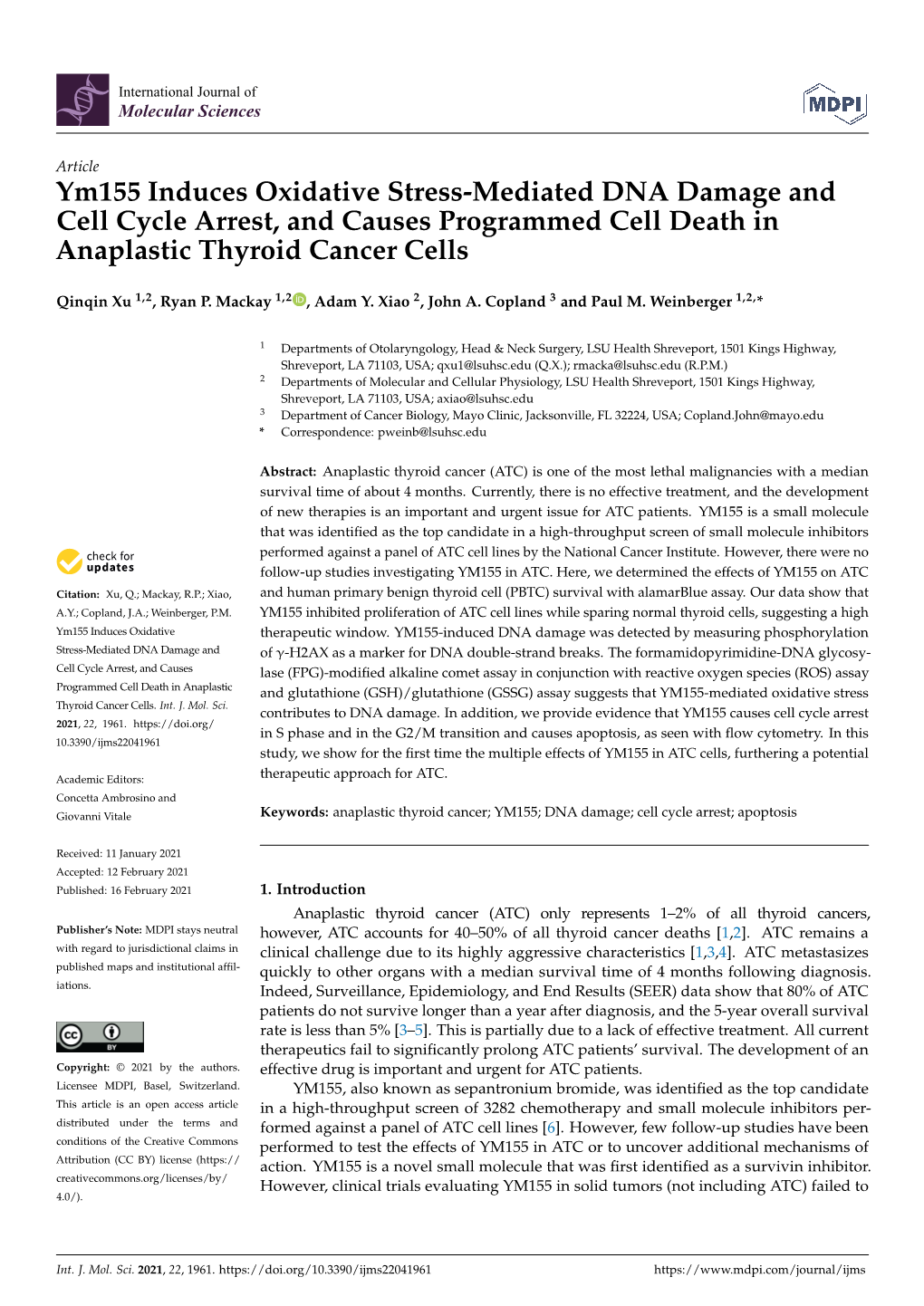 Ym155 Induces Oxidative Stress-Mediated DNA Damage and Cell Cycle Arrest, and Causes Programmed Cell Death in Anaplastic Thyroid Cancer Cells