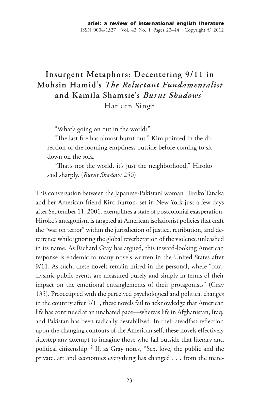 Decentering 9/11 in Mohsin Hamid's the Reluctant Fundamentalist And