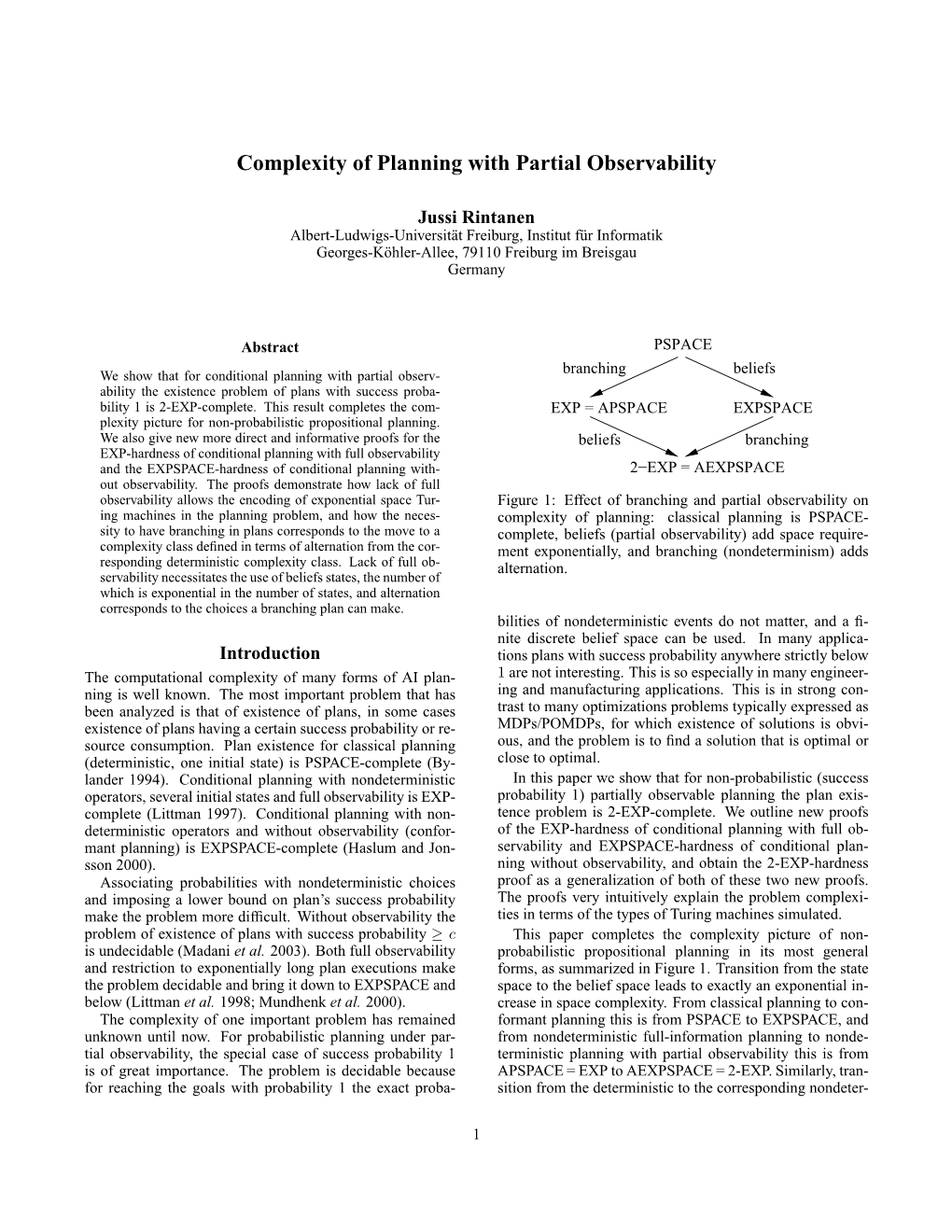 Complexity of Planning with Partial Observability