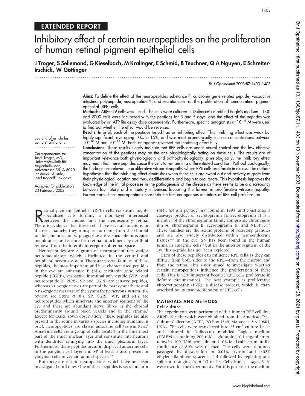 Inhibitory Effect of Certain Neuropeptides on the Proliferation