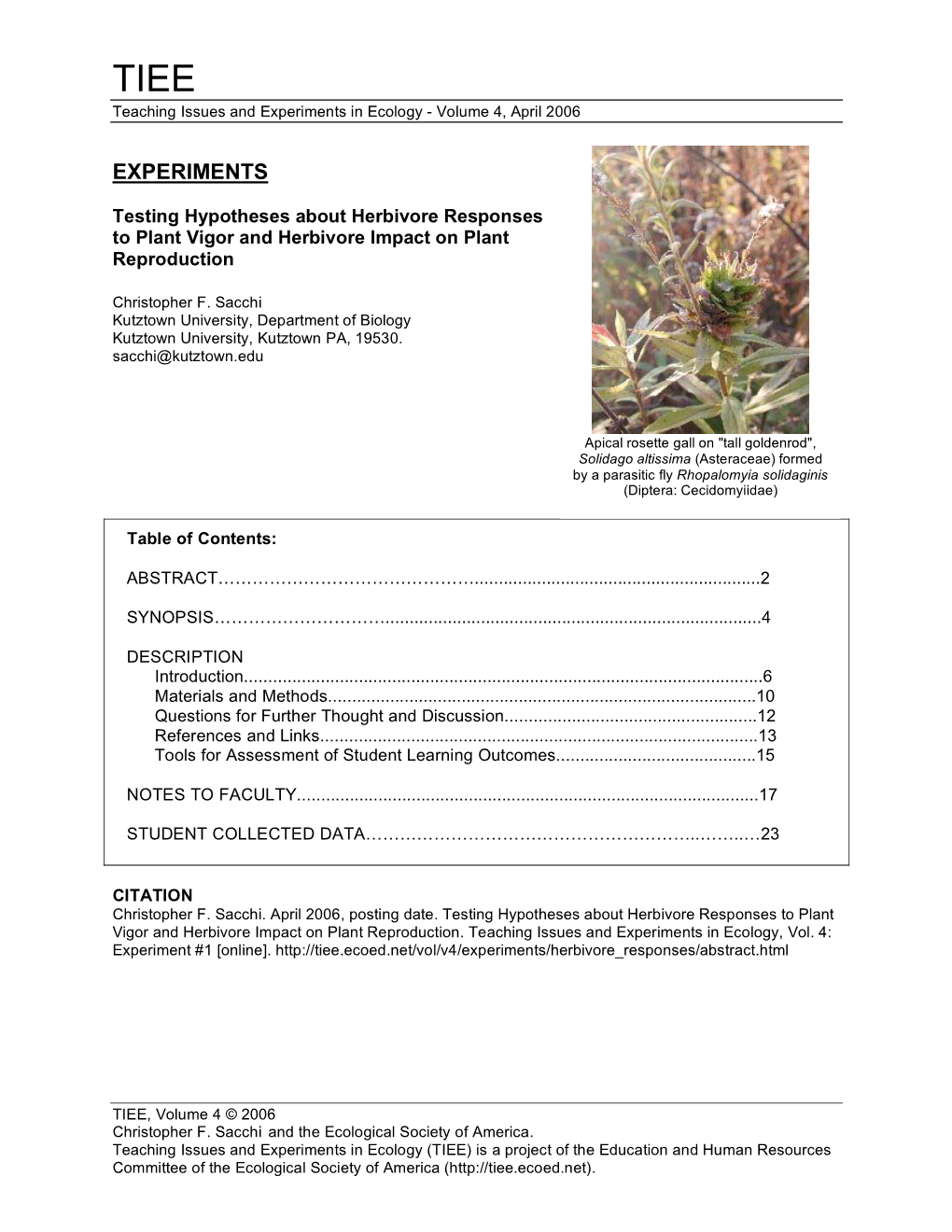 Experiments in Ecology - Volume 4, April 2006