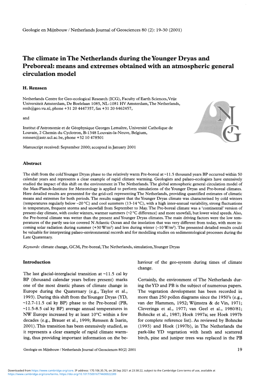 The Climate in the Netherlands During the Younger Dryas and Preboreal: Means and Extremes Obtained with an Atmospheric General Circulation Model