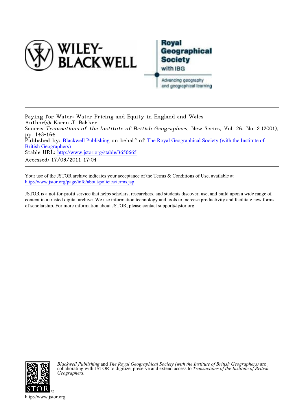 Paying for Water: Water Pricing and Equity in England and Wales Author(S): Karen J