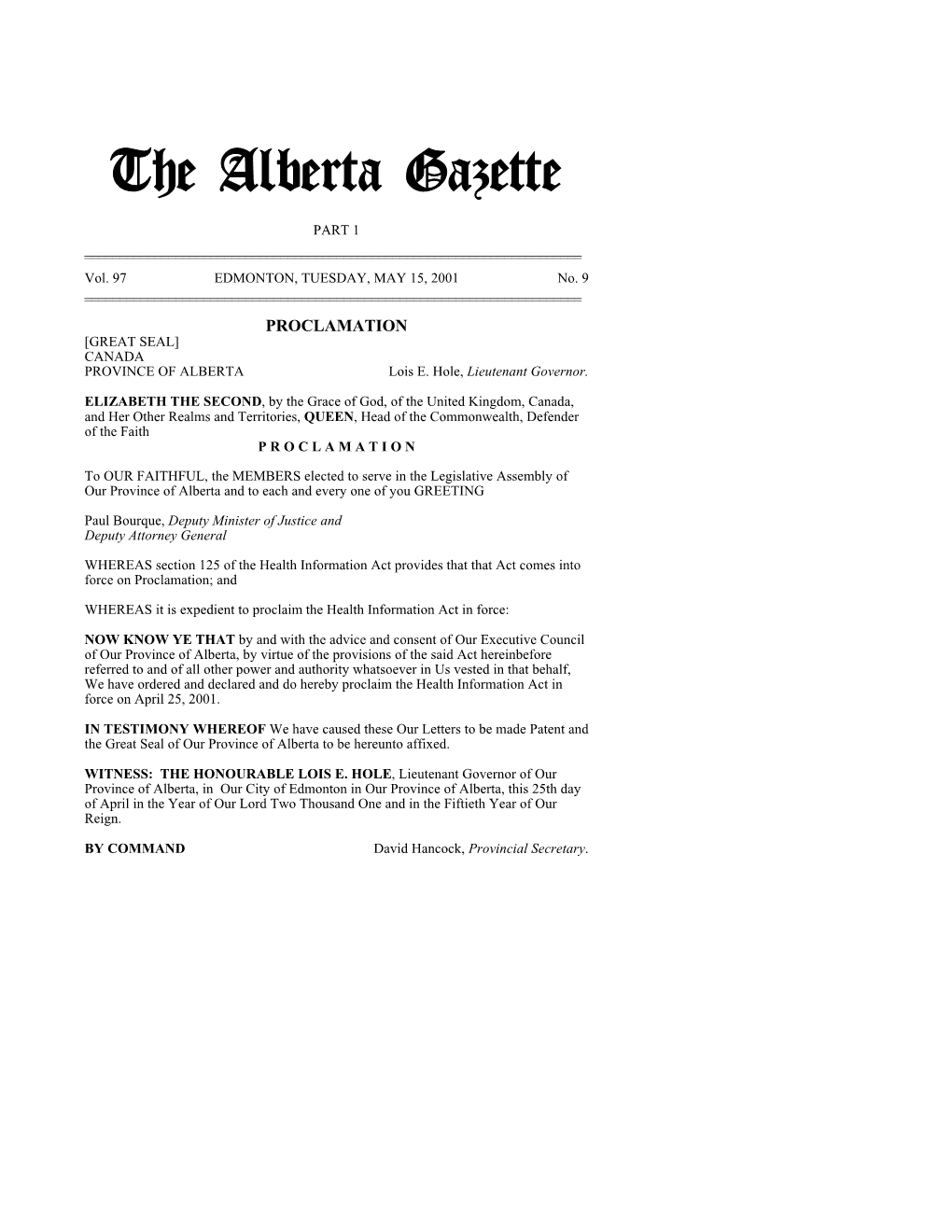 The Alberta Gazette, Part I, May 15, 2001